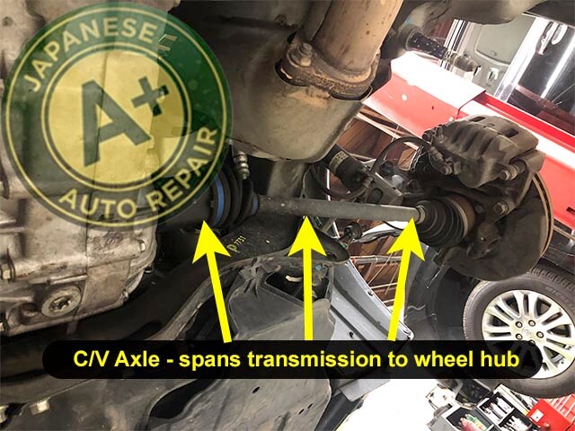 Image showing C/V axle spanning from transmission to wheel hub - A+ Japanese Auto Repair Inc.